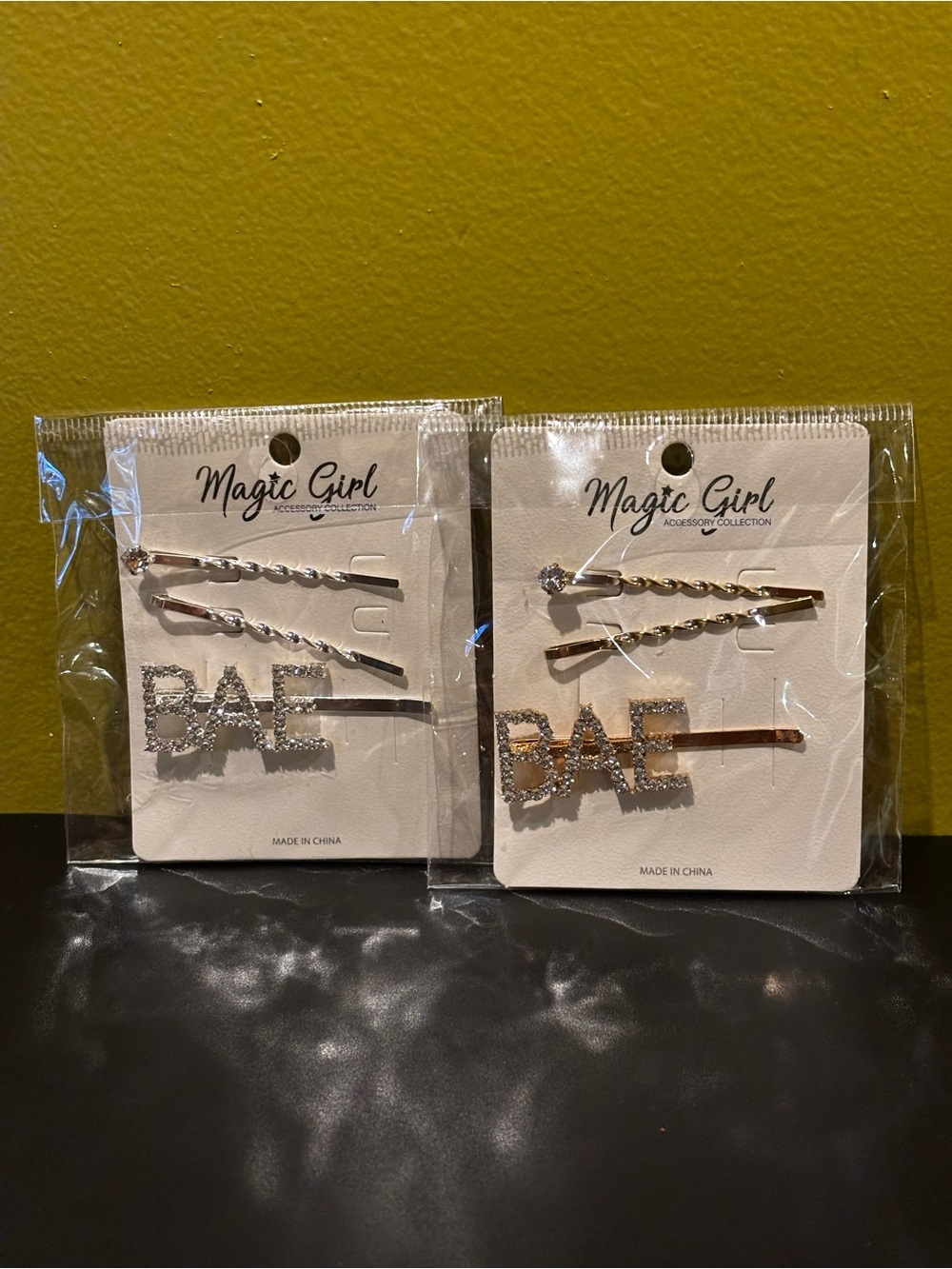 Magic 'BAE' Rhinestone Hair Clip Set - Silver and Gold